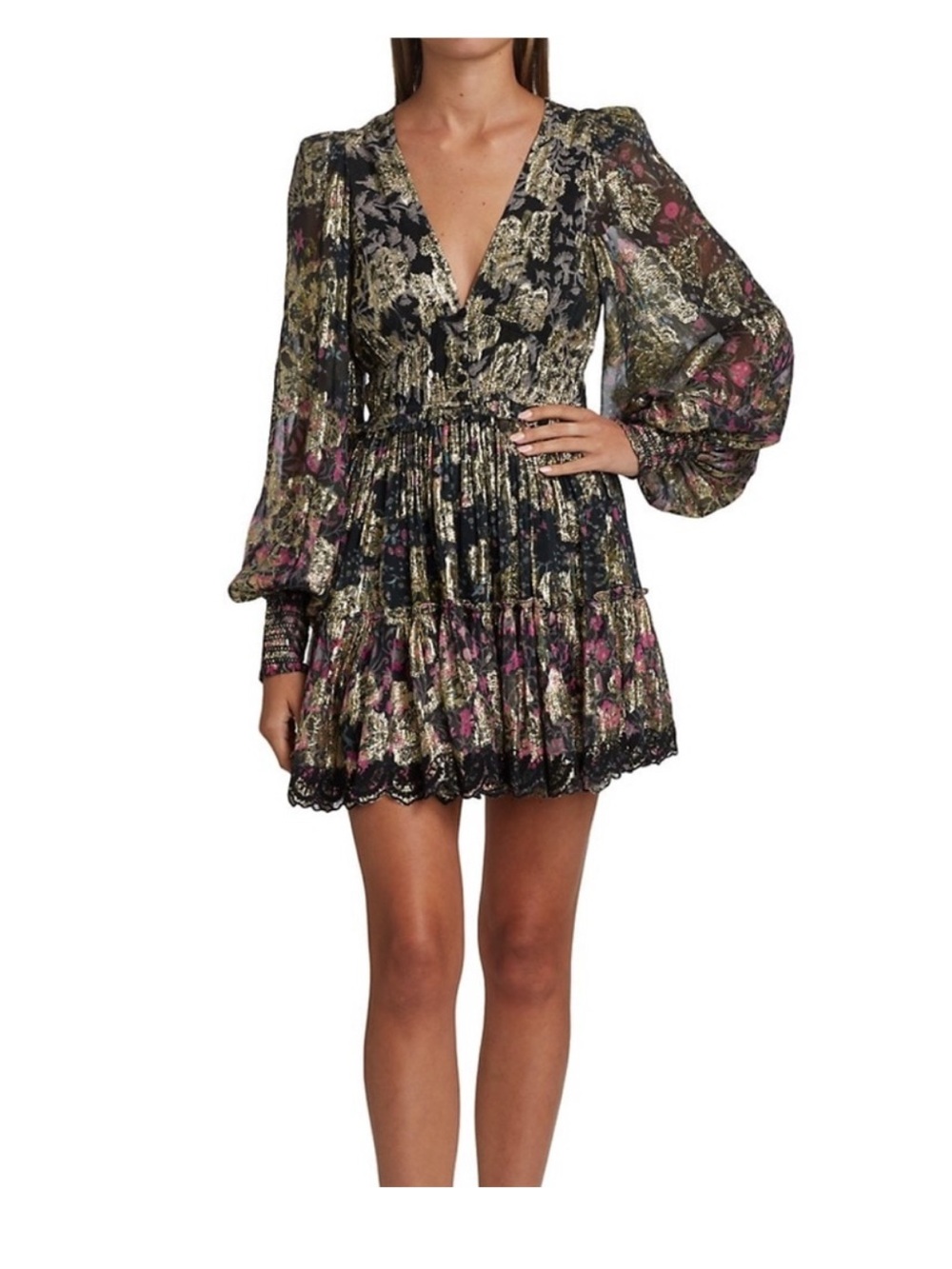 NWT Hemant & Nandita Metallic Tiered Long-Sleeve V-Neck Mini Dress size small - Picture 3 of 8